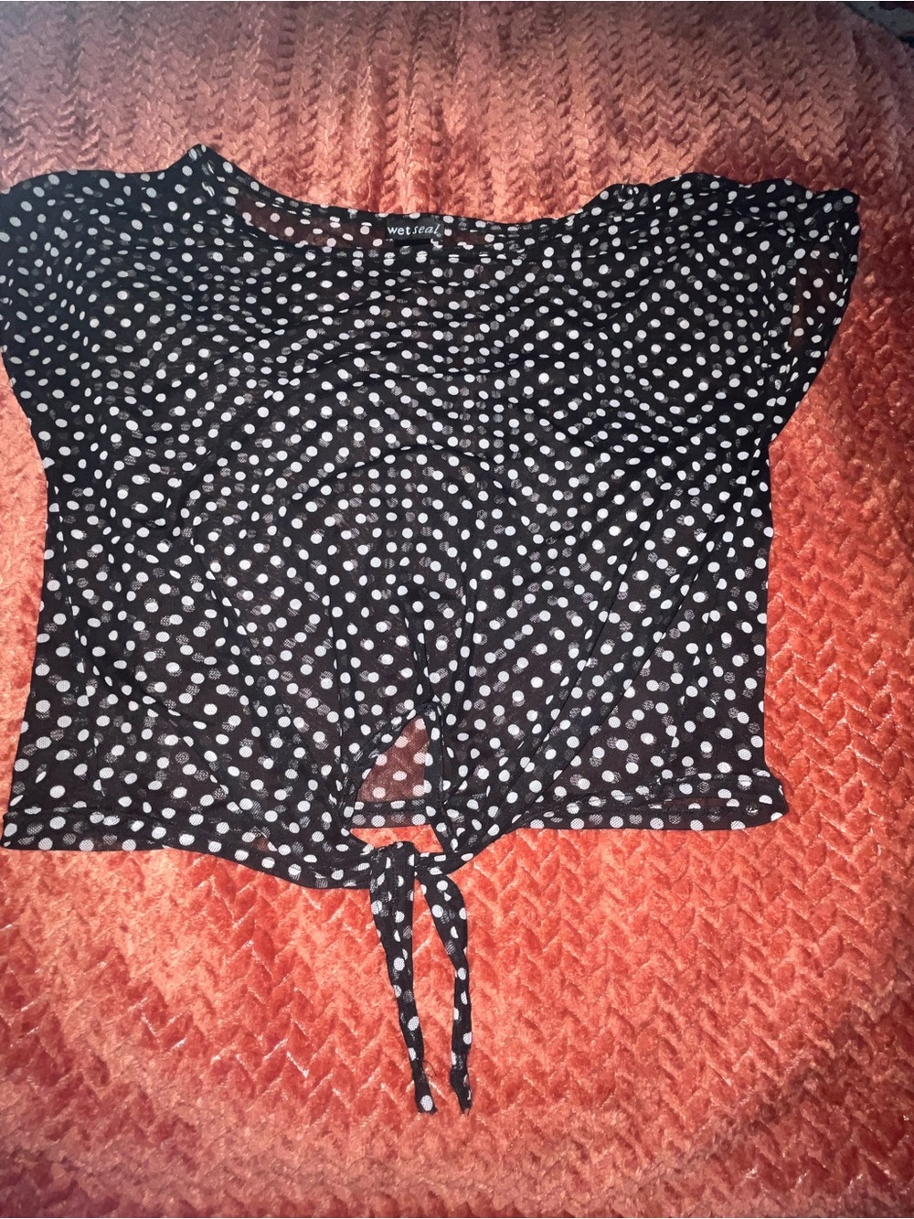 Wet Seal see through Black and White Polka Dot Tie-Front Crop Top